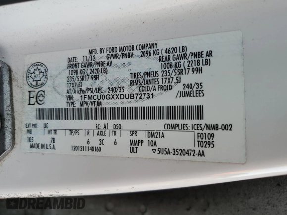 2013 Ford Escape SE with VIN 1FMCU0GXXDUB72731, listed as a Copart auction lot 49289405 with 326,548 mi miles and Clean Title. Bid and sale history available at DreamBid. Image 13.
