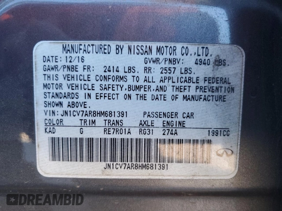 2017 Infiniti Q50 2.0t Sport with VIN JN1CV7AR8HM681391, listed as a Copart auction lot 81576354 with 136,386 mi miles and Salvage Title. Bid and sale history available at carsss.com. Image 13.