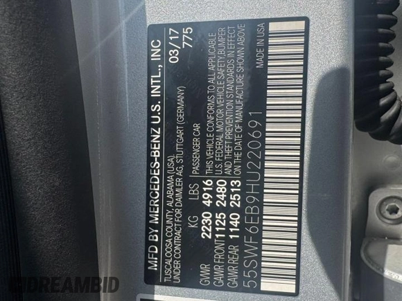2017 Mercedes-Benz C 43 AMG with VIN 55SWF6EB9HU220691, listed as a Copart auction lot 65437375 with 104,010 mi miles and Clean title. Bid and sale history available at DreamBid. Image 10.
