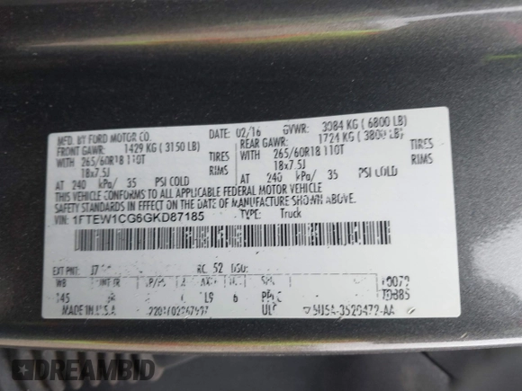 2016 Ford F-150 XL with VIN 1FTEW1CG6GKD87185, listed as a IAAI auction lot 41624791 with 184,522 mi miles and . Bid and sale history available at carsss.com. Image 9.