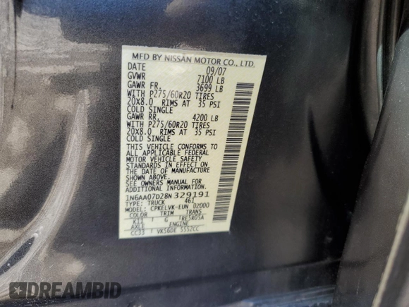 2008 Nissan Titan XE with VIN 1N6AA07D28N329191, listed as a Copart auction lot 42418665 with 213,894 mi miles and Salvage Title. Bid and sale history available at carsss.com. Image 12.