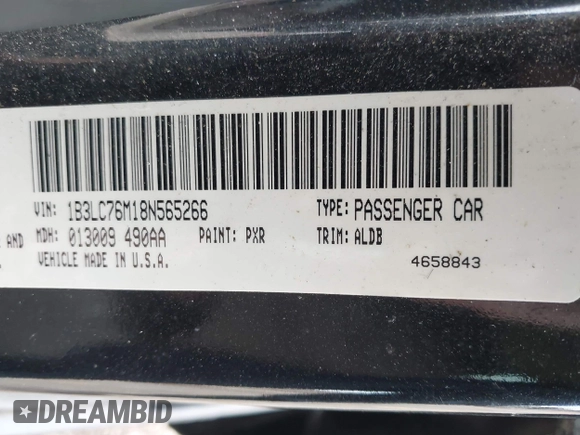 2008 Dodge Avenger R/T with VIN 1B3LC76M18N565266, listed as a IAAI auction lot 41702935 with 124,487 mi miles and . Bid and sale history available at DreamBid. Image 9.