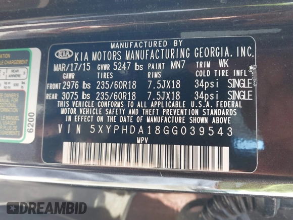 2016 Kia Sorento EX with VIN 5XYPHDA18GG039543, listed as a IAAI auction lot 42016459 with 64,121 mi miles and . Bid and sale history available at DreamBid. Image 9.