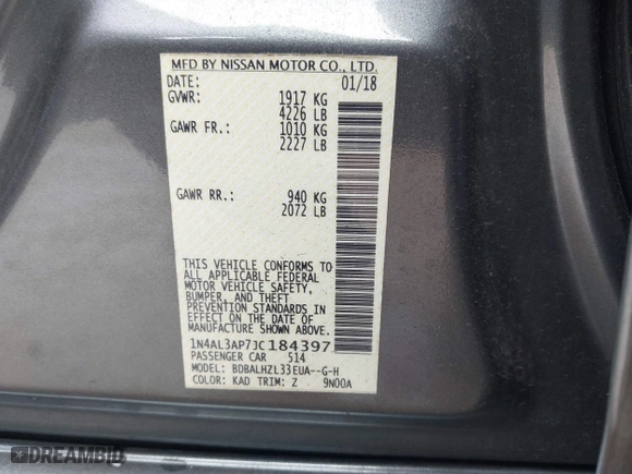 2018 Nissan Altima 2.5 SL with VIN 1N4AL3AP7JC184397, listed as a IAAI auction lot 41333050 with 110,206 mi miles. Bid and sale history available at carsss.com. Image 9.