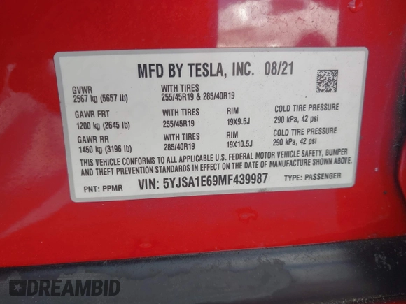 2021 Tesla Model S Plaid z VIN 5YJSA1E69MF439987, wystawiony jako IAAI lot #42496725 z przebiegiem 25 mil mil oraz . Historia ofert i sprzedaży dostępna na DreamBid. Obrazek 9.