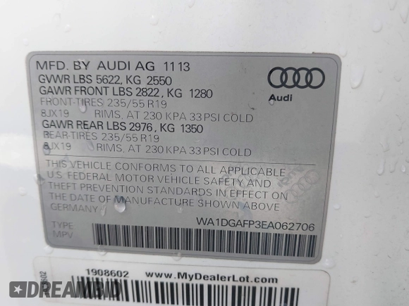 2014 Audi Q5 Premium Plus z VIN WA1DGAFP3EA062706, wystawiony jako IAAI lot #41579534 z przebiegiem 121 055 mil mil oraz . Historia ofert i sprzedaży dostępna na DreamBid. Obrazek 9.