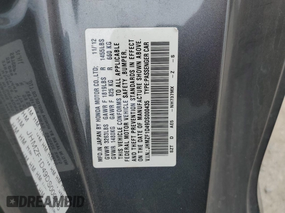 2013 Honda CR-Z with VIN JHMZF1D49DS000435, listed as a Copart auction lot 54651855 with 181,444 mi miles and Salvage Title. Bid and sale history available at carsss.com. Image 12.