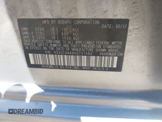 2017 Subaru Impreza with VIN 4S3GTAA64H3737484, listed as a IAAI auction lot 42493090 with 205,796 mi miles and . Bid and sale history available at DreamBid. Image 9.
