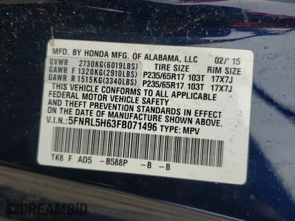 2015 Honda Odyssey EX-L z VIN 5FNRL5H63FB071496, wystawiony jako Copart lot #58171045 z przebiegiem 139 202 mil mil oraz Szkoda całkowita • Salvage title. Historia ofert i sprzedaży dostępna na DreamBid. Obrazek 14.