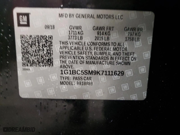 2019 Chevrolet Cruze LS with VIN 1G1BC5SM9K7111629, listed as a Copart auction lot 81933014 with 80,764 mi miles and Salvage Title. Bid and sale history available at carsss.com. Image 12.