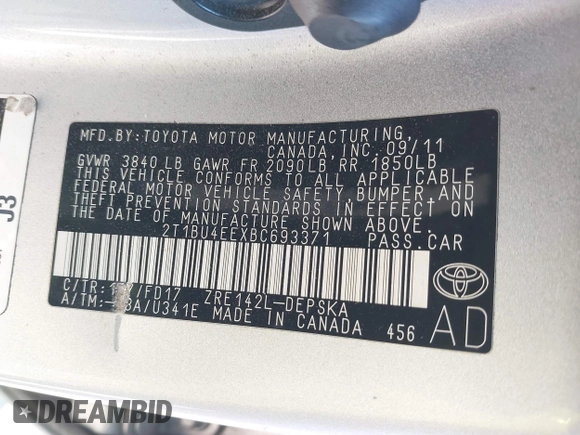 2011 Toyota Corolla L with VIN 2T1BU4EEXBC693371, listed as a IAAI auction lot 41692477 with 176,290 mi miles. Bid and sale history available at carsss.com. Image 9.