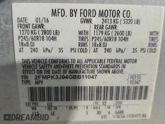 2016 Ford Edge SEL with VIN 2FMPK3J94GBB11047, listed as a Copart auction lot 52637615 with 84,674 mi miles and Salvage Title. Bid and sale history available at carsss.com. Image 13.
