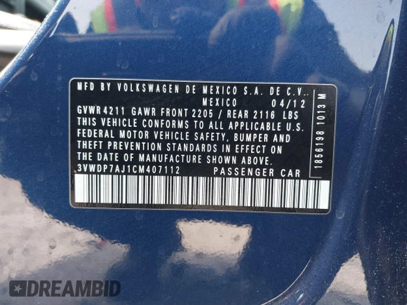 2012 Volkswagen Jetta SE с VIN 3VWDP7AJ1CM407112, выставлен на аукционе IAAI как лот 42409740 с пробегом 239 701 миль миль и . История ставок и продаж доступна на DreamBid. Изображение 9.
