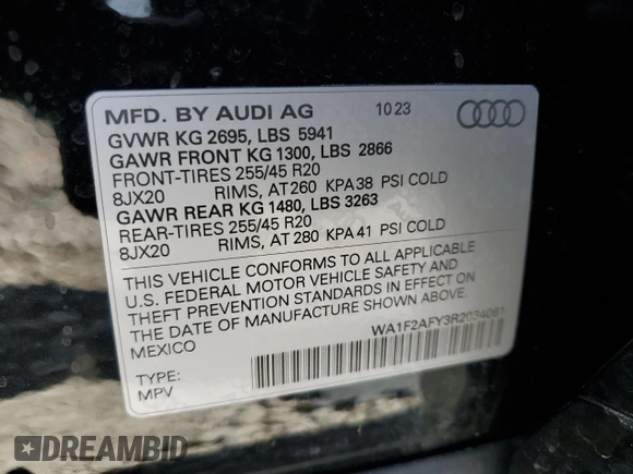 2024 Audi Q5 S line Prestige with VIN WA1F2AFY3R2034081, listed as a Copart auction lot 57884204 with 2,793 mi miles and Salvage Title. Bid and sale history available at carsss.com. Image 15.