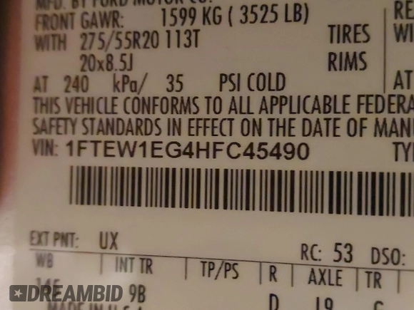 2017 Ford F-150 XL with VIN 1FTEW1EG4HFC45490, listed as a IAAI auction lot 41505033 with 122,991 mi miles. Bid and sale history available at carsss.com. Image 9.