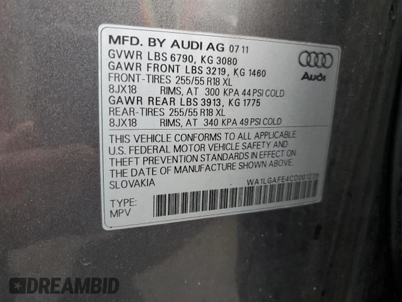 2012 Audi Q7 Premium Plus с VIN WA1LGAFE4CD001239, выставлен на аукционе Copart как лот 55875865 с пробегом 174 043 миль миль и На запчасти • Non repairable. История ставок и продаж доступна на DreamBid. Изображение 13.