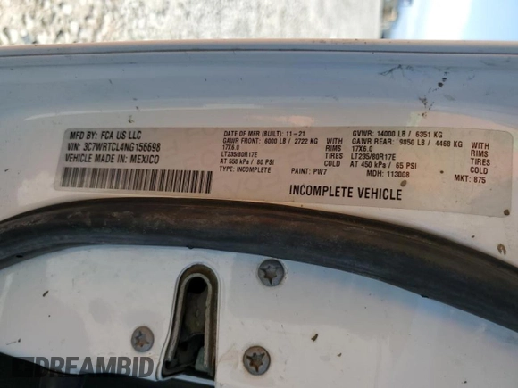 2022 Ram 3500 Tradesman z VIN 3C7WRTCL4NG156698, wystawiony jako Copart lot #54407965 z przebiegiem 92 713 mil mil oraz Czysty tytuł • Clean title. Historia ofert i sprzedaży dostępna na DreamBid. Obrazek 12.