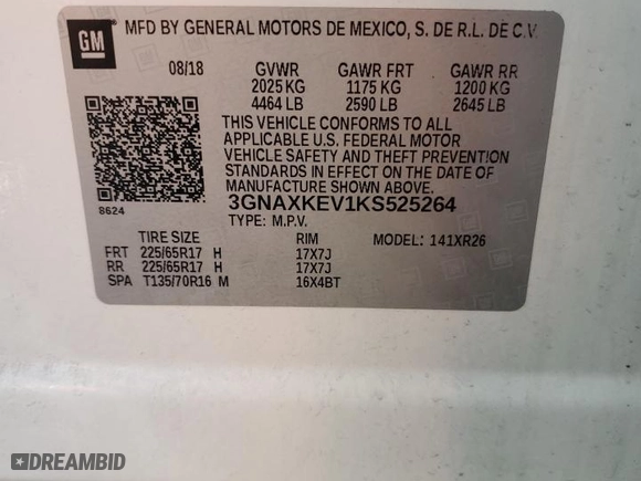 2019 Chevrolet Equinox LT with VIN 3GNAXKEV1KS525264, listed as a Copart auction lot 50758205 with 79,428 mi miles and Non Repairable. Bid and sale history available at carsss.com. Image 13.