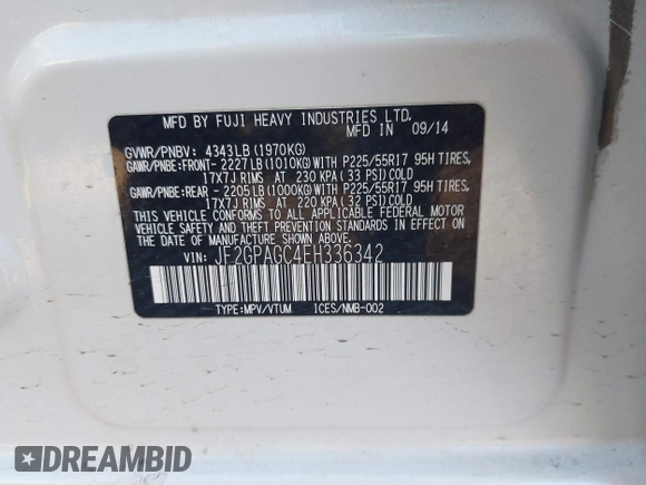 2014 Subaru Crosstrek Limited z VIN JF2GPAGC4EH336342, wystawiony jako IAAI lot #41782248 z przebiegiem 167 267 mil mil oraz . Historia ofert i sprzedaży dostępna na DreamBid. Obrazek 9.