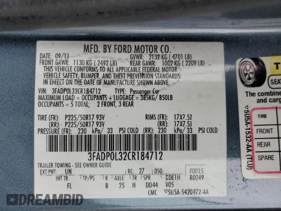 2012 Ford Fusion Hybrid с VIN 3FADP0L32CR184712, выставлен на аукционе Copart как лот 58517555 с пробегом 196 644 миль миль и Списание • Salvage title. История ставок и продаж доступна на DreamBid. Изображение 12.