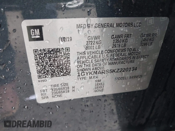 2019 Cadillac XT5 FWD with VIN 1GYKNARS5KZ220134, listed as a IAAI auction lot 41472927 with 58,229 mi miles and . Bid and sale history available at DreamBid. Image 9.