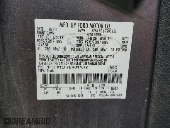 2011 Ford F-150 XL with VIN 1FTFX1EF7BKD17872, listed as a Copart auction lot 51211835 with Not provided miles and Salvage title. Bid and sale history available at DreamBid. Image 14.