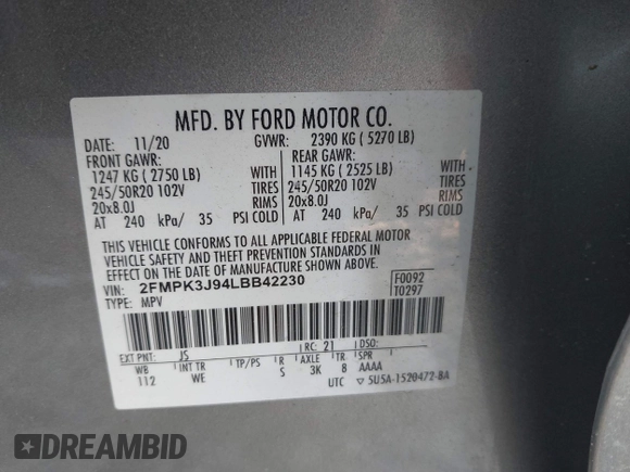 2020 Ford Edge SEL with VIN 2FMPK3J94LBB42230, listed as a IAAI auction lot 42301179 with Not provided miles and . Bid and sale history available at DreamBid. Image 9.