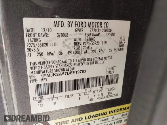 2011 Ford Expedition Max Limited with VIN 1FMJK2A57BEF19763, listed as a IAAI auction lot 41660975 with 208,909 mi miles and . Bid and sale history available at DreamBid. Image 9.