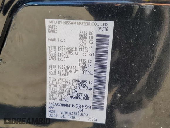 2016 Nissan Pathfinder Platinum with VIN 5N1AR2MM4GC658699, listed as a Copart auction lot 61581475 with 89,985 mi miles and Salvage title. Bid and sale history available at DreamBid. Image 13.