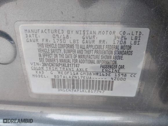 2019 Nissan Versa Sedan SV with VIN 3N1CN7AP1KL817747, listed as a IAAI auction lot 40800785 with 95,598 mi miles. Bid and sale history available at carsss.com. Image 9.