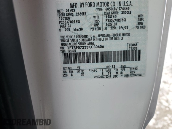 2003 Ford F-150 XL with VIN 1FTRF07233KC30606, listed as a Copart auction lot 83824364 with Not provided miles and Salvage title. Bid and sale history available at DreamBid. Image 14.