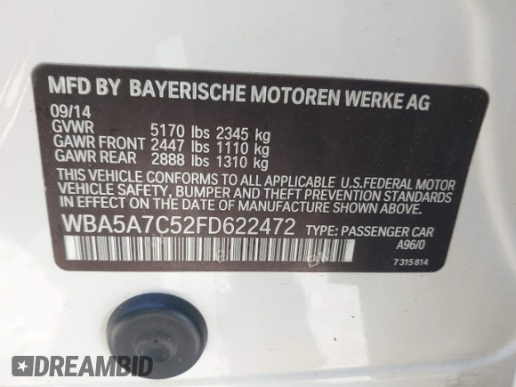 2015 BMW 5 Series 528i xDrive with VIN WBA5A7C52FD622472, listed as a IAAI auction lot 41999000 with 106,602 mi miles and . Bid and sale history available at carsss.com. Image 9.