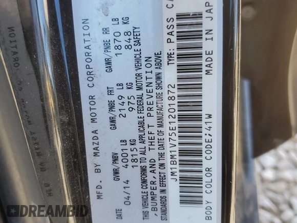 2014 Mazda 3 i Touring with VIN JM1BM1V75E1201872, listed as a Copart auction lot 55922305 with 118,931 mi miles and Salvage title. Bid and sale history available at DreamBid. Image 13.