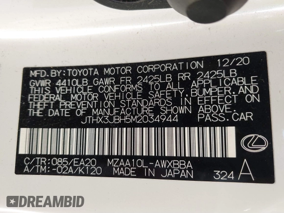 2021 Lexus UX with VIN JTHX3JBH5M2034944, listed as a IAAI auction lot 41068335 with 53,522 mi miles. Bid and sale history available at carsss.com. Image 9.