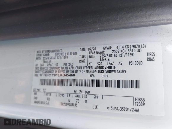 2020 Ford Transit Cargo with VIN 1FTBR1Y81LKB45460, listed as a IAAI auction lot 41496961 with 45,534 mi miles and . Bid and sale history available at DreamBid. Image 9.