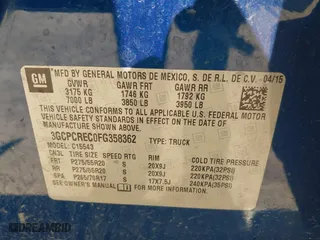 2015 Chevrolet Silverado 1500 LT with VIN 3GCPCREC0FG358362, listed as a IAAI auction lot 41654405 with 200,618 mi miles. Bid and sale history available at carsss.com. Image 9.
