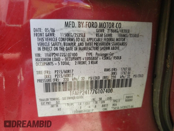 2007 Ford Five Hundred SEL z VIN 1FAFP24177G107400, wystawiony jako Copart lot #54724325 z przebiegiem 157 739 mil mil oraz Czysty tytuł • Clean title. Historia ofert i sprzedaży dostępna na DreamBid. Obrazek 13.