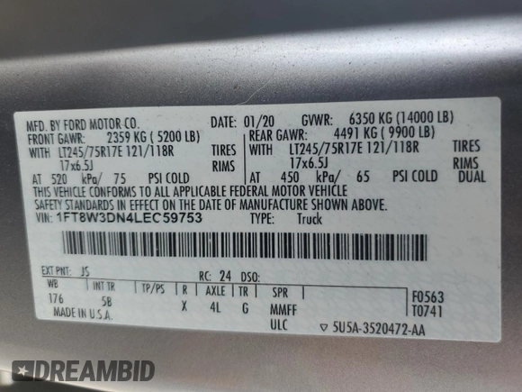 2020 Ford F-350 с VIN 1FT8W3DN4LEC59753, выставлен на аукционе Copart как лот 74997324 с пробегом Не указан миль и На запчасти • Non repairable. История ставок и продаж доступна на DreamBid. Изображение 13.