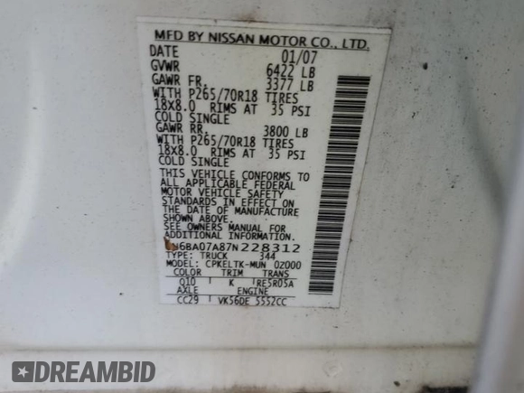 2007 Nissan Titan SE with VIN 1N6BA07A87N228312, listed as a Copart auction lot 82164424 with 206,471 mi miles and Clean title. Bid and sale history available at DreamBid. Image 12.
