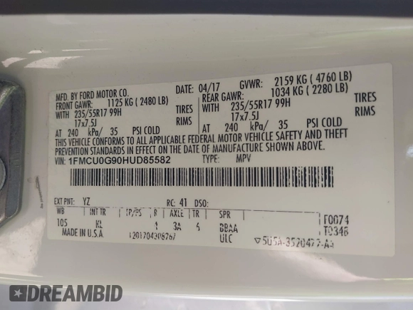 2017 Ford Escape SE with VIN 1FMCU0G90HUD85582, listed as a IAAI auction lot 41733013 with 129,961 mi miles and . Bid and sale history available at DreamBid. Image 9.