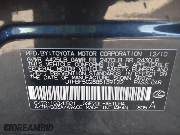 2011 Lexus IS 250 z VIN JTHBF5C28B5139122, wystawiony jako IAAI lot #41107250 z przebiegiem 157 808 mil mil oraz . Historia ofert i sprzedaży dostępna na DreamBid. Obrazek 9.
