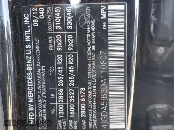 2013 Mercedes-Benz M 350 with VIN 4JGDA5JB3DA110807, listed as a Copart auction lot 52028835 with 138,256 mi miles and Salvage Title. Bid and sale history available at DreamBid. Image 14.