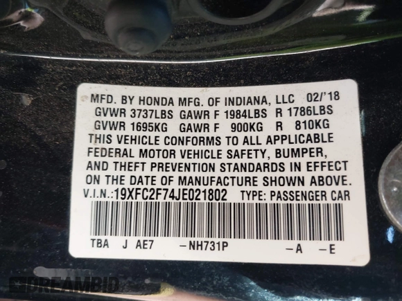 2018 Honda Civic EX with VIN 19XFC2F74JE021802, listed as a IAAI auction lot 42031745 with 102,986 mi miles and . Bid and sale history available at DreamBid. Image 9.
