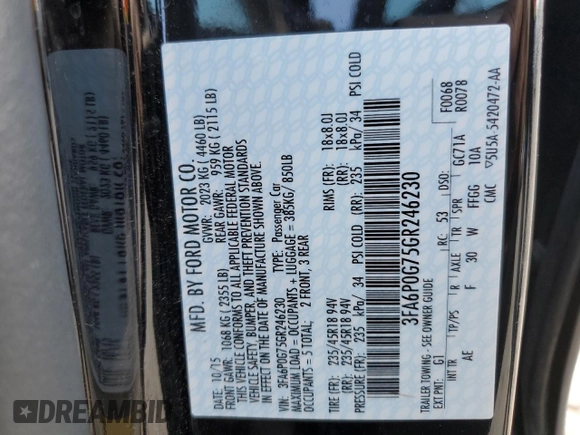 2016 Ford Fusion S with VIN 3FA6P0G75GR246230, listed as a Copart auction lot 61491445 with 87,605 mi miles and Salvage title. Bid and sale history available at DreamBid. Image 12.