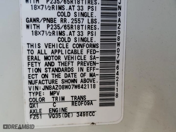 2007 Nissan Murano S with VIN JN8AZ08W07W642118, listed as a Copart auction lot 46536495 with 105,939 mi miles and Salvage Title. Bid and sale history available at carsss.com. Image 13.