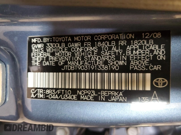 2009 Toyota Yaris z VIN JTDBT903191338190, wystawiony jako Copart lot #54235275 z przebiegiem 90 821 mil mil oraz Szkoda całkowita • Salvage title. Historia ofert i sprzedaży dostępna na DreamBid. Obrazek 12.