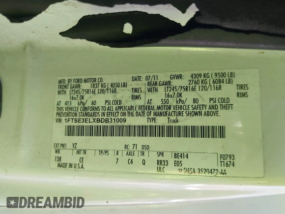 2011 Ford Econoline Cargo Commercial with VIN 1FTSE3ELXBDB31009, listed as a IAAI auction lot 41685713 with 249,589 mi miles. Bid and sale history available at carsss.com. Image 9.