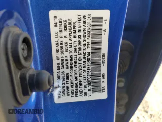2019 Honda Civic Sedan LX with VIN 19XFC2F61KE038744, listed as a Copart auction lot 85879744 with 0 mi miles and Salvage Title. Bid and sale history available at carsss.com. Image 15.