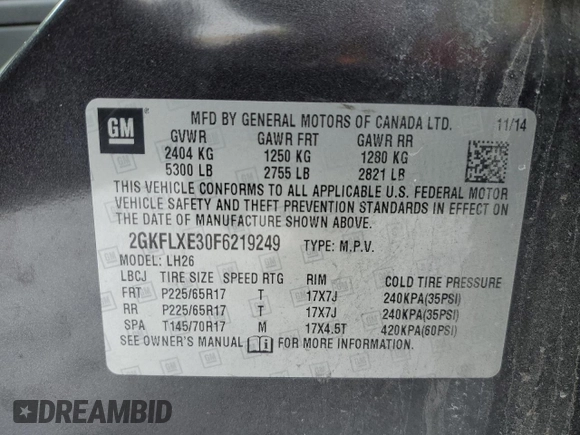 2015 GMC Terrain SLT with VIN 2GKFLXE30F6219249, listed as a Copart auction lot 45287735 with 147,331 mi miles and Salvage Title. Bid and sale history available at DreamBid. Image 12.