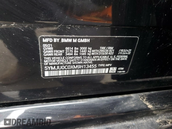 2021 BMW X5 M z VIN 5YMJU0C0XM9H13455, wystawiony jako Copart lot #59625375 z przebiegiem Nie podano mil oraz Szkoda całkowita • Salvage title. Historia ofert i sprzedaży dostępna na DreamBid. Obrazek 13.